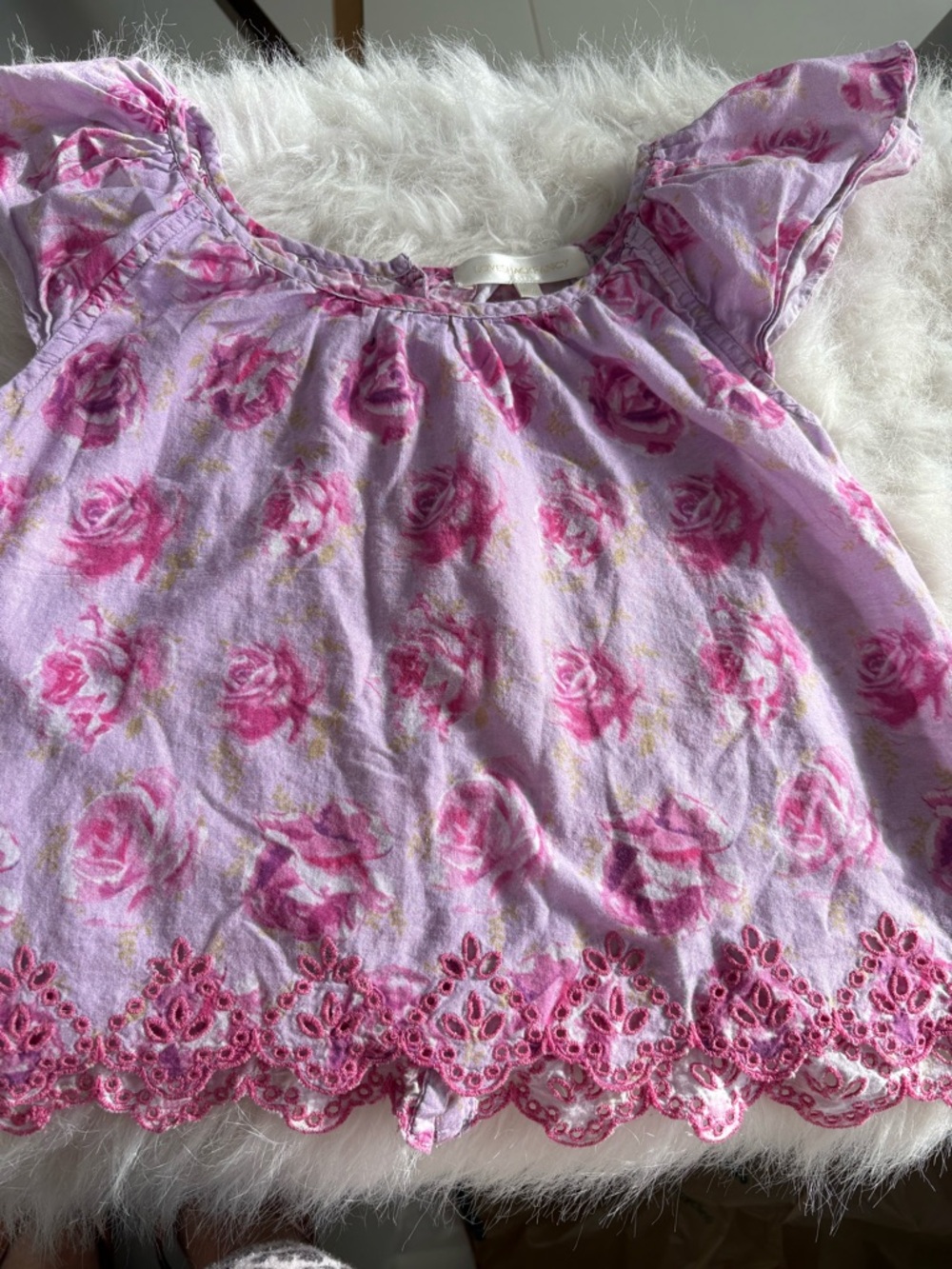 LoveShackFancy girls lilac cotton top with cabbage roses 8-9